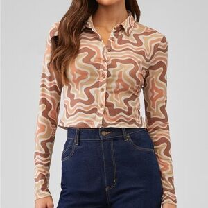 The Kript Women M Neutral Swoosh Mesh Sheer Y2K Retro 70s Style Cropped Shirt